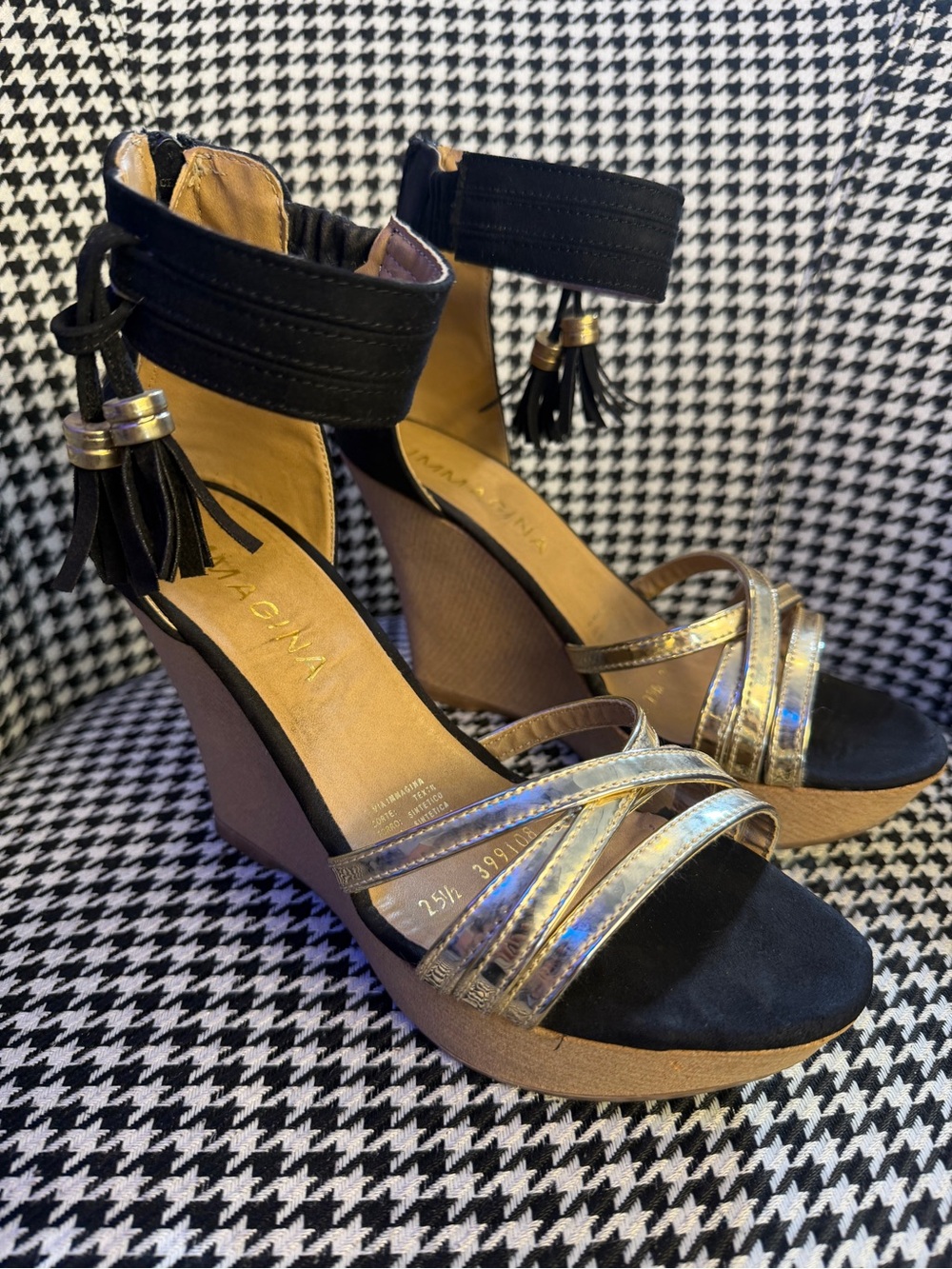 Black and Gold Wedge Sandals with Ankle Tassel